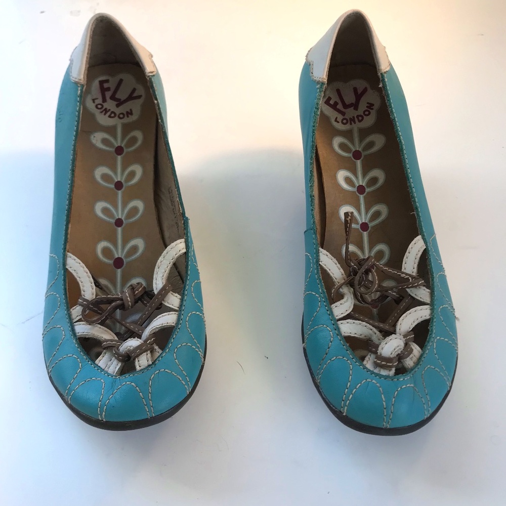 Fly London blue and white pumps